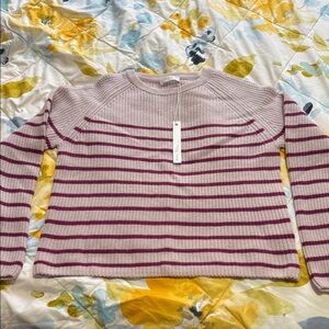 100%CASHMERE ONE GREY DAY Striped Knit Sweater with Purple Accents